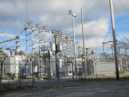 PSEG-LI is considering building a new substation at EPCAL. Pictured is the existing Riverhead substation off West Main St. File photo by Tim Gannon