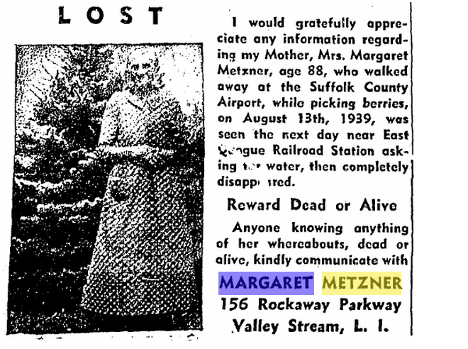 A 'lost' ad published frequently in the County Review after Margaret Metzner disappeared in 1939. (Source:Livebrary/County Review archives)