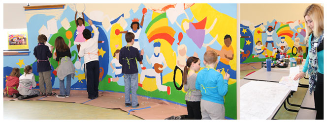 Third graders from teacher Beth Menis' class help paint the mural in the Riley Avenue cafeteria. (Credit: Riverhead School District)