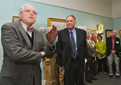 Suffolk County historian Peter Fox Cohalan (left) dedicates the Suffolk County Historical Society's new gallery to Noel Gish (right) Thursday. (Credit: Barbaraellen Koch)