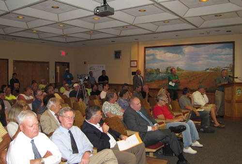 Members of the public at Thursday night's planning board hearing on a 50-lot subdivision at Enterprise Park at Calverton. (Credit: Tim Gannon)