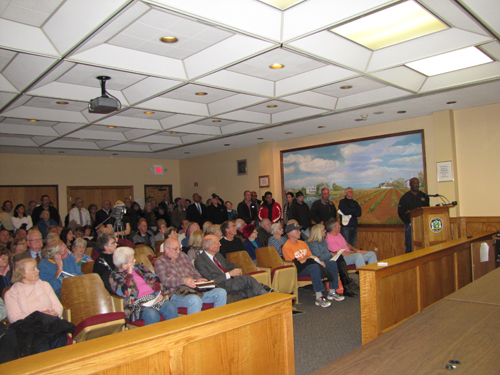 Town Hall was packed during a nearly four hour hearing on plowing private roads Tuesday