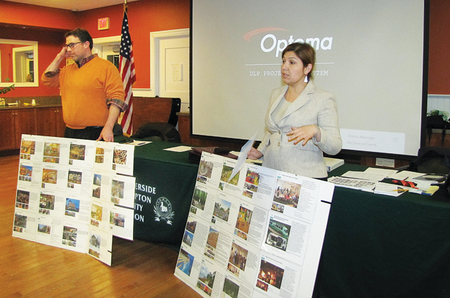 Sean McLean and Siris Barrios of Renaissance Downtowns discuss plans for revitalizing Riverside at Monday's Flanders, Riverside and Northampton Community Association meeting. (Credit: Tim Gannon)