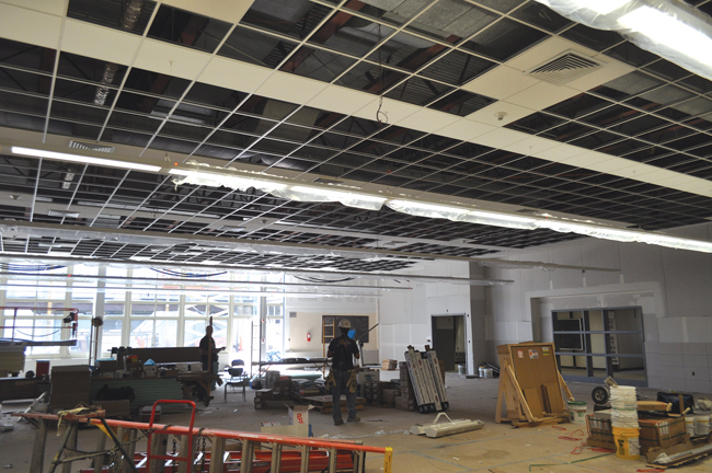 Starting this school year, the cafeteria at the Riverhead High School will have enclosed interior doors as opposed to dividers, as well as a new exterior wall, both currently in the works. (Credit: Joseph Pinciaro)