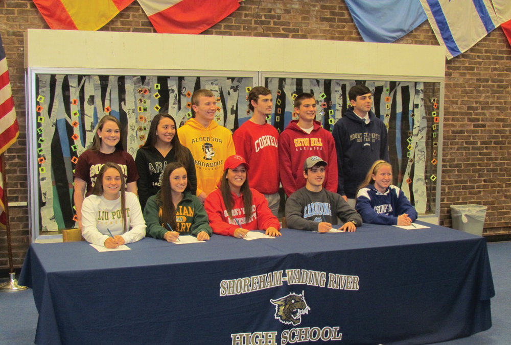 Eleven Shoreham-Wading River student-athletes signed to continue playing their sports in college next year. (Credit: SWR schools)