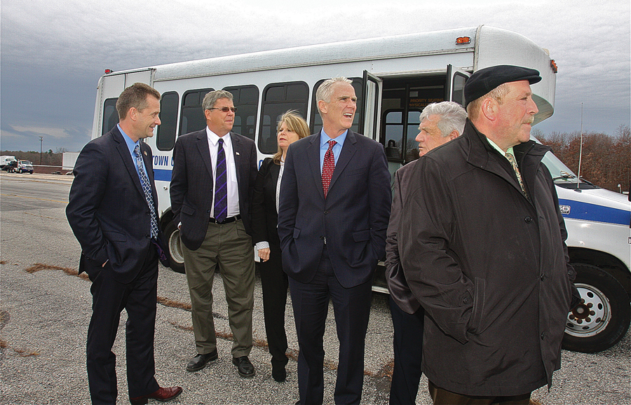 Town Board members took John Cahill (center) of The Pataki-Cahill Group on a tour of EPCAL last December. 'There's tremendous infrastructure on the site,' Mr. Cahill said. (Credit: Barbaraellen Koch)