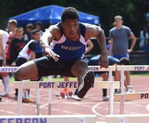 Riverhead's Andrew Smith competes in the 110-meter hurdles. (Credit: Robert O'Rourk)