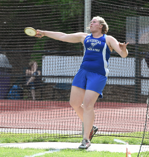 Riverhead's Madison Blom competes in the discus. (Credit: Robert O'Rourk)