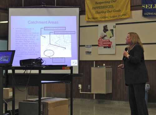 Riverhead School District Superintendent Nancy Carney giving a presentation about the district's elementary school catchment areas Tuesday. (Credit: Jennifer Gustavson)