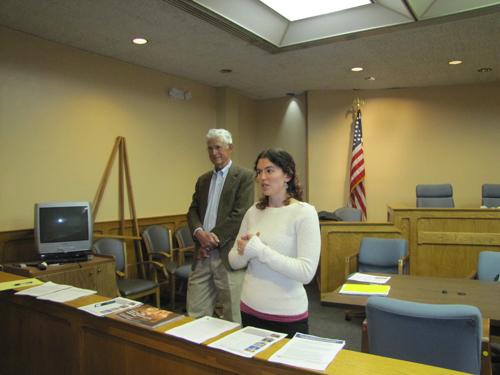 Town landmarks preservation chairman Richard Wines, left, and Jennifer Betsworth of the state Historic Preservation office, speak at last Wednesday's meeting. Tim Gannon photo