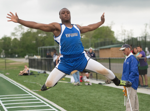 Riverhead sophomore Zikel Riddick jumped 20-11 1/4 in the long jump Friday at the Division II Championship. (Credit: Robert O'Rourk)