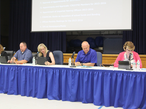 The Riverhead school board at Tuesday's meeting in Riverside. (Credit: Jen Nuzzo)