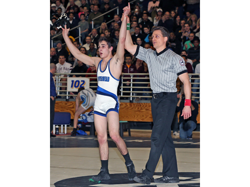 Riverhead senior Ed Matyka overcame a 5-0 deficit in the final half-minute of the third period and won his first county title in triple overtime. He was also named the tournament's outstanding wrestler. (Credit: Daniel De Mato)