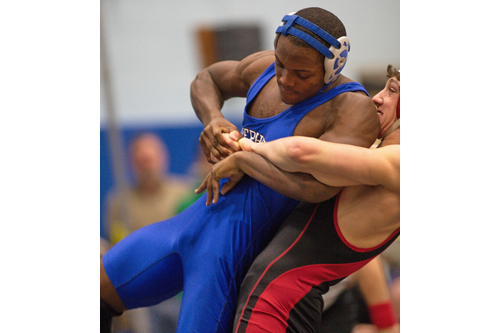 GARRET MEADE PHOTO | Riverhead sophomore Raheem Brown, left, upset the top three seeds at 160 pounds, including No. 1 Nick Mastro of Connetquot in the final.
