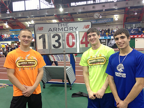 COURTESY PHOTO  |  Riverhead pole vaulters (from left) Dan Normoyle, Jonah Spaeth and Charles Villa all cleared personal bests Saturday at the Armory in New York.