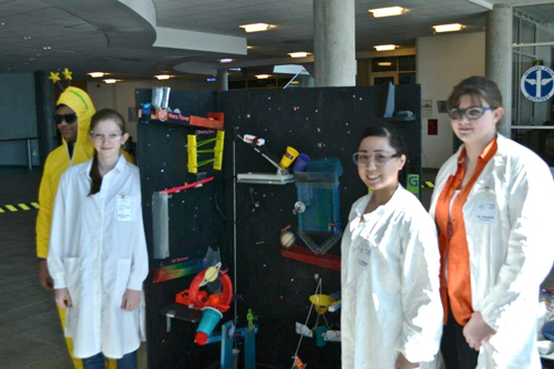 COURTESY FILE PHOTO | Five teams for RHS competed in last year's Long Island Regional Rube Goldberg competition. From left, Aakash Gandhi, Brianne Corwin, Joann Yeung and Karla Vanston.