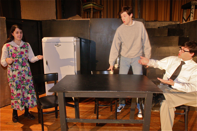 Danielle Allen of Riverhead as Linda (left), Ian Byrne of Baiting Hollow as Willy Loman (right), son Patrick O'Brien of Riverhead as Biff (center). (Barbarallen Koch photo)