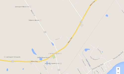 A male victim was struck on the Main Road east of Manor Lane in Jamesport around 9 p.m. (Credit: Google maps)
