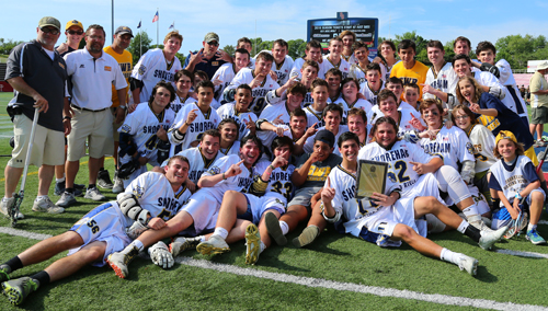 Shoreham-Wading River celebrates its 11-5 victory over Sayville in the Suffolk County Boys Lacrosse Class B Championship game at Stony Brook University's Lavalle Stadium on June 1, 2016.