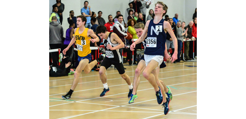 ROBERT O'ROURK PHOTO | From left, Shoreham-Wading River's Ryan Udvadia, Mount Sinai's Daniel Connelly, Tim McGowan and his brother Jack McGowan of Northport all finished within 0.25 seconds of each other in the 3,200 meters.