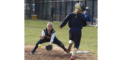Shoreham-Wading River second baseman Stevie Michelli, covering first base on a bunt. Bayport-Blue Point's Savanna Neuhaus was called out on the play. (Credit: Robert O'Rourk)