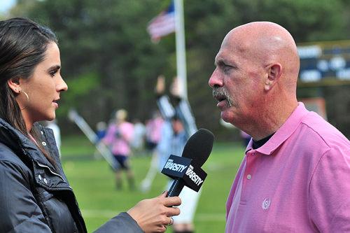 BILL LANDON FILE PHOTO  |  Former Shoreham-Wading River boys lacrosse coach Tom Rotanz speaks with a reporter in 2012.