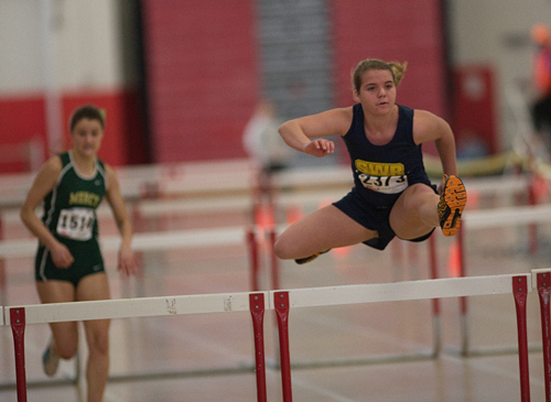 GARRET MEADE PHOTO  |  Shoreham senior Amanda Welischer competes in the 55-hurdles.