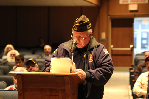 South Jamesport veteran John Newman addressing the Riverhead school board Tuesday night. (Credit: Jennifer Gustavson)