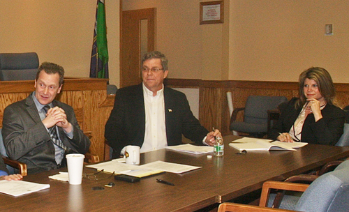 Town Supervisor Sean Walter and Town Board members George Gabrielsen and Jodi Giglio at a board work session last March. (Credit: Barbaraellen Koch)