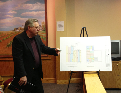 PAUL SQUIRE PHOTO | Architect Martin Sendlewski presents the plans for the Woolworth building at the Riverhead IDA meeting Monday evening. 