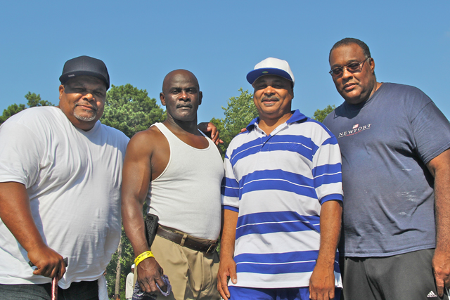 Original members of the R.M. Blockbusters, Rick Henderson (catcher), "Skeeter" Atkins (third base), Willie Allen (short stop), and Gregory Mack (outfield). 