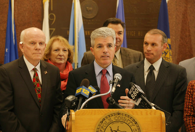 Suffolk County Executive Steve Bellone speaks during Monday's announcement that the county will not pursue school zone cameras. (Credit: courtesy photo)
