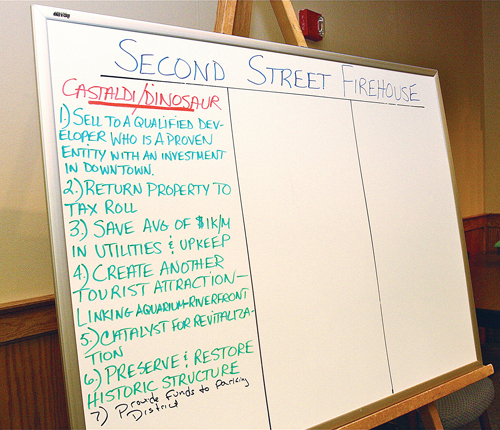 A priority list, written out by Supervisor Sean Walter, over what to do with the Second Street Firehouse.