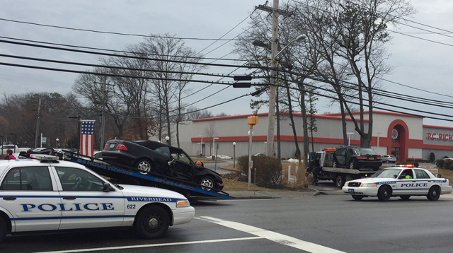 Two vehicles collided on Route 58 in Riverhead, resulting in three injuries Tuesday. (Credit: Cyndi Murray)