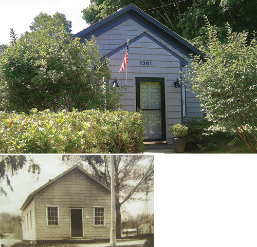 The former Flanders schoolhouse on Flanders Road now (above) and in a circa 1910 photograph. The first school building burned in 1869 and was rebuilt around 1888. It served as a school until 1959; it is now a private residence. (Credit: Barbaraellen Koch & Suffolk County Historical Society)