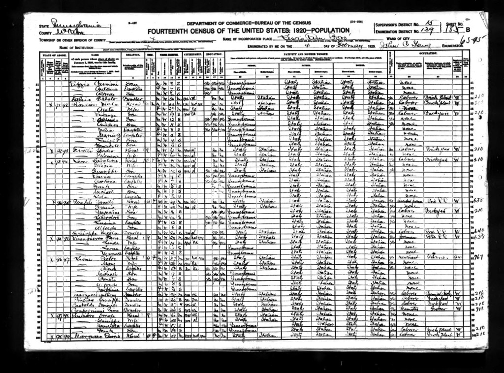 A 1920 census record from Pennsylvania. (Credit: Ancestry.com)