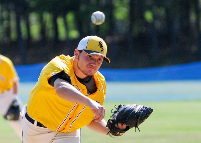 Shoreham-Wading River senior Matt Fox pitched a complete game shutout against Bayport-Blue Point in Game 2 of the Class A county championship Friday. (Credit: Bill Landon)