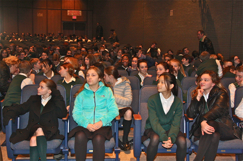 McGann-Mercy students were brought into the auditorium at Riverhead High School following a threat made against the school. (Credit; Barbaraellen Knoch)