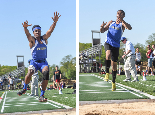 Riverhead senior Davion Porter (left) and Marcus Moore both jumped personal bests in the triple jump at Tuesday's Division II Championship. (Credit: Robert O'Rourk)