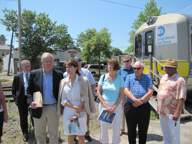 State Assemblyman Fred Thiele, former Southampton Supervisor Anna Throne-Holst and others held a press conference calling for better public transportation Monday in Riverhead. Photo by Tim Gannon