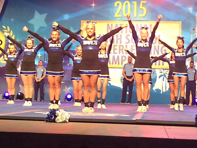 Riverhead's varsity cheerleading team performs in Orlando, Fla. this morning at nationals. (Credit: courtesy photo)