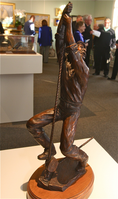 ‘Chanty Man,’ $5,000. This 25” x 8” x 5” bronze sculpture by Jim Gray is of a chanty man, whose job was to call out the sing-song rhythm to which ship crews pulled in unison. (Credit: Barbaraellen Koch)