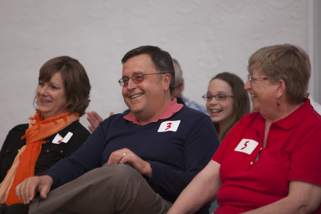 Phil Cardinale, center, has a laugh with Lorraine Baldwin, left, and Carol Cryzwinski, right. (Credit: Katharine Schroeder)