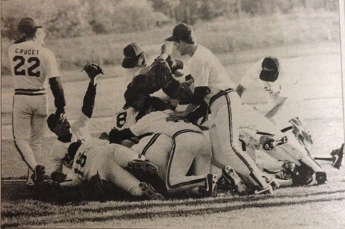 The Shoreham-Wading River baseball team celebrates a league championship in 1990. (Credit: News-Review archives)